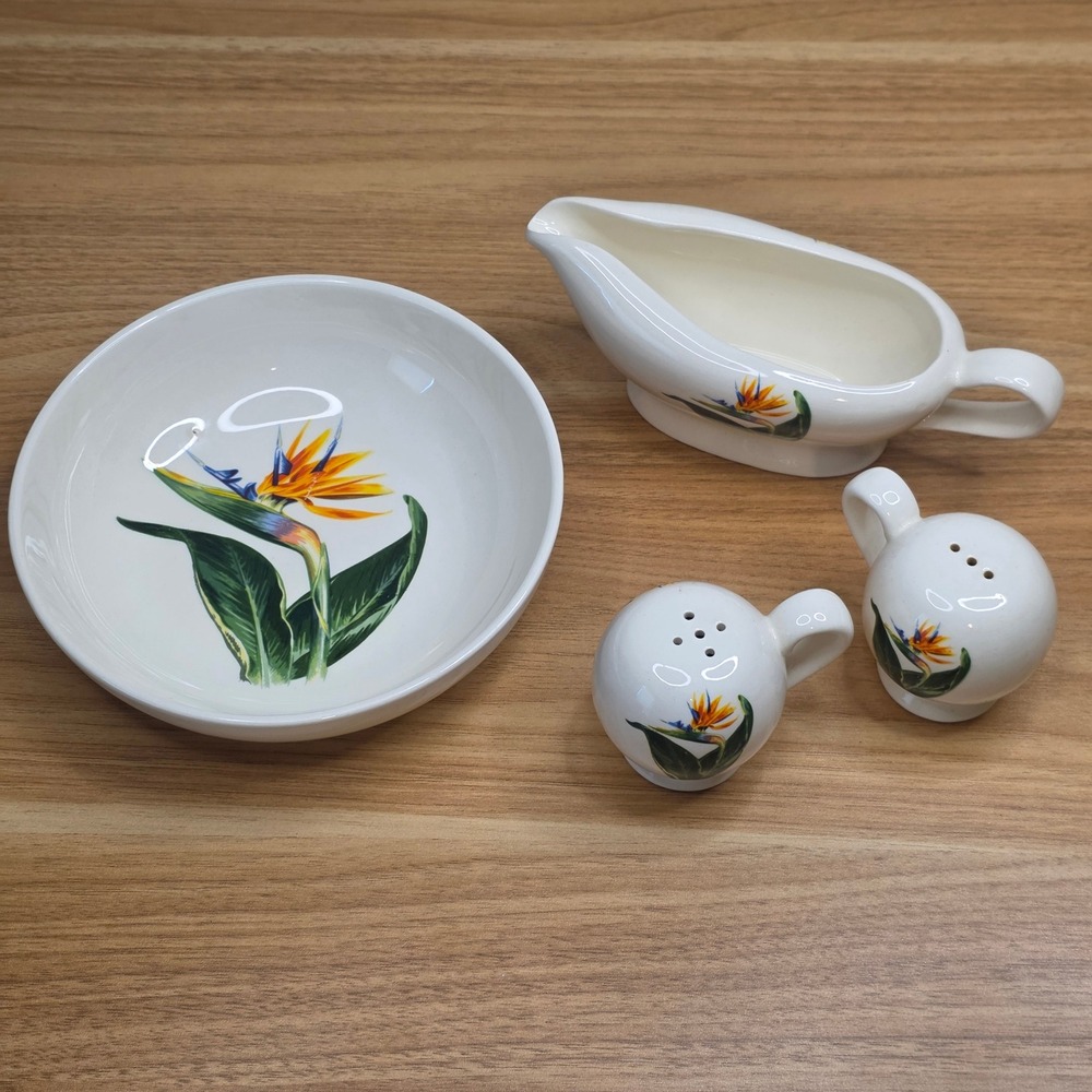 Santa Anita Ware Bird of Paradise Salt & Pepper Shakers-Creamer-Soup Bowl 1949